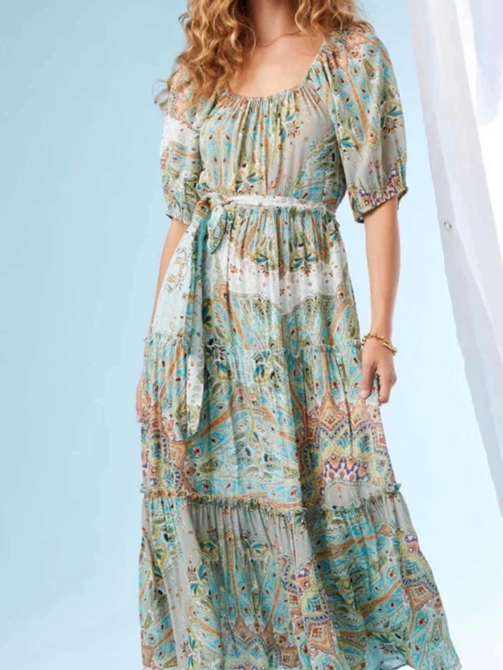 FIFTEEN TWENTY Tiered Poof Sleeve Dress in Paisley, size M - no tie/belt